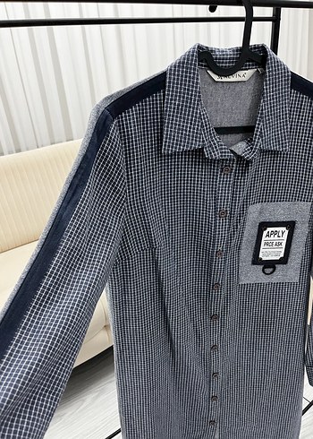 40 Beden gri Renk Gri Desenli Uzun Kollu Kadın Denim Gömlek