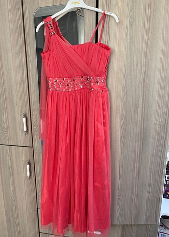 Pembe Nakışlı Uzun Abiye Elbise