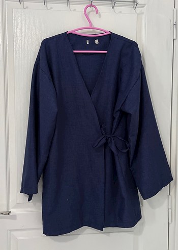 Lacivert Kadın Keten Midi Kimono
