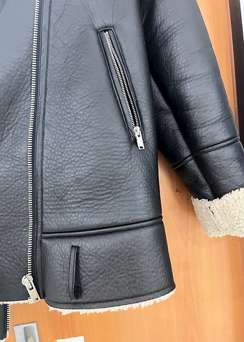 Kürklü Siyah Deri Kadın Biker Ceket - Görsel 3