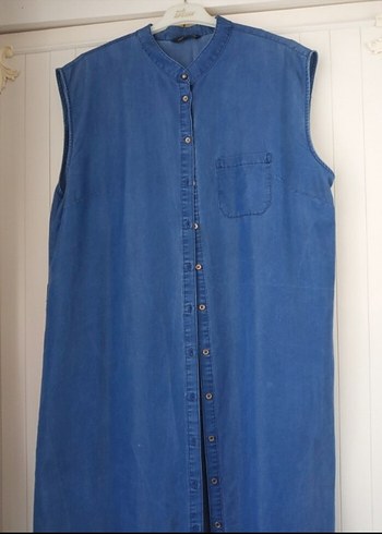 Düğmeli Kolsuz Uzun Denim Tunik