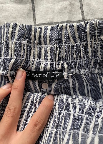 36 Beden Gri Çizgili Keten Midi Kadın Pantolon