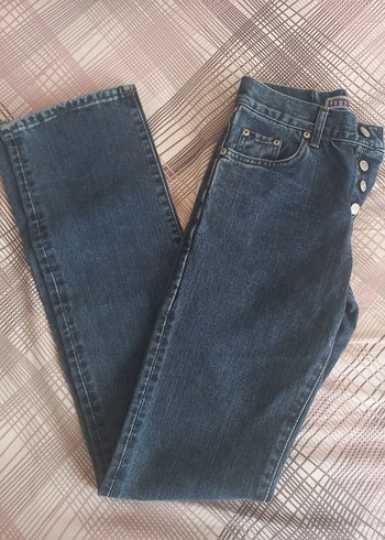 Düğmeli Mavi Gri Kadın Denim Pantolon