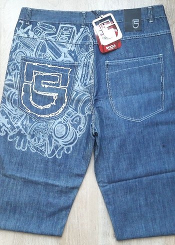 Baskılı Bol Kesim Mavi Denim Kadın Kot Pantolon