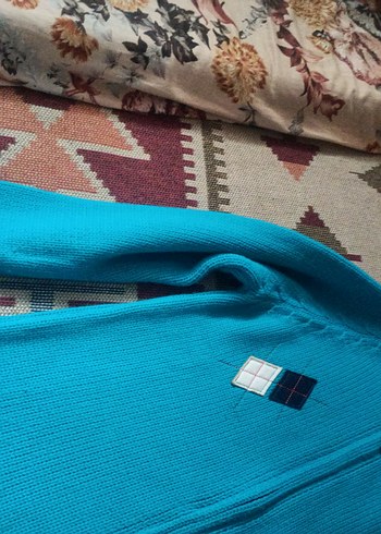 Turkuaz Bohem Balıkçı Yaka Triko  Hırkası - Görsel 3