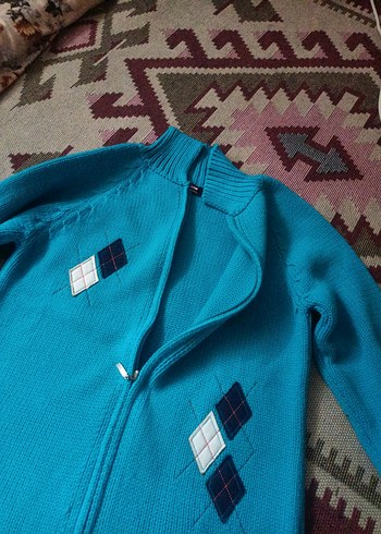 Turkuaz Bohem Balıkçı Yaka Triko  Hırkası - Görsel 4