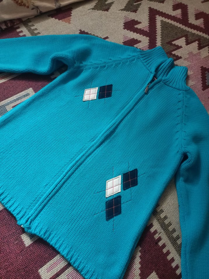 Turkuaz Bohem Balıkçı Yaka Triko  Hırkası - Görsel 2