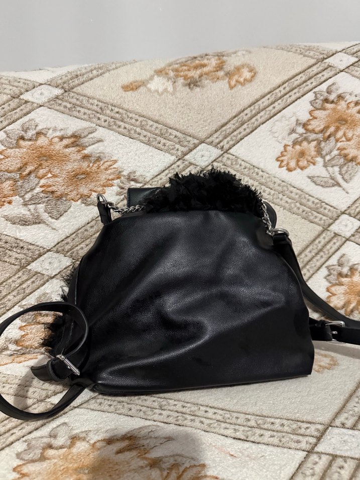 DSN Siyah Deri Kürklü Rock Punk Çanta - Görsel 3
