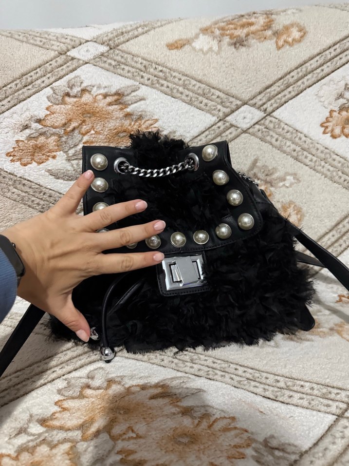 DSN Siyah Deri Kürklü Rock Punk Çanta - Görsel 2