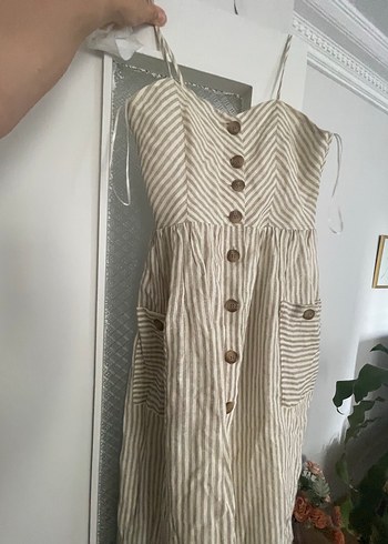 Bej Çizgili Askılı Midi Keten Elbise mango - Görsel 7