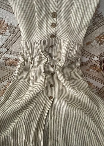 Bej Çizgili Askılı Midi Keten Elbise mango - Görsel 3