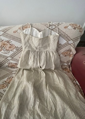 Bej Çizgili Askılı Midi Keten Elbise mango - Görsel 4