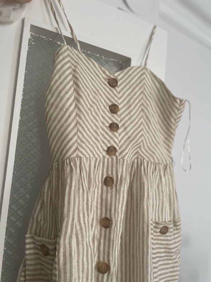 Bej Çizgili Askılı Midi Keten Elbise mango - Görsel 5