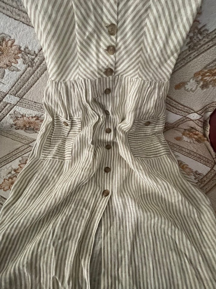 Bej Çizgili Askılı Midi Keten Elbise mango - Görsel 3