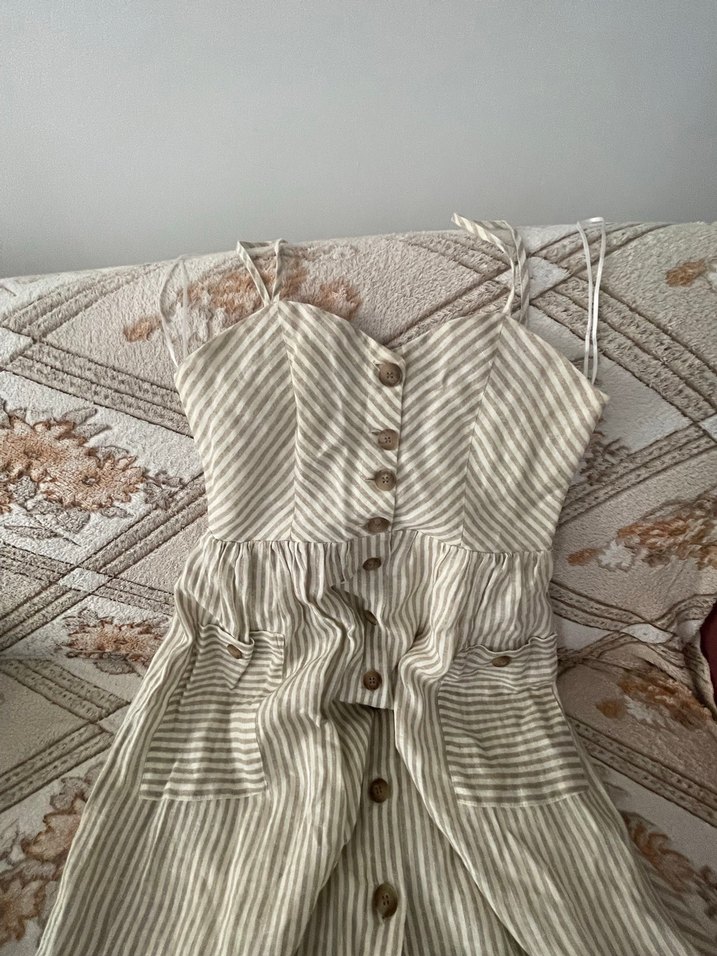 Bej Çizgili Askılı Midi Keten Elbise mango - Görsel 2