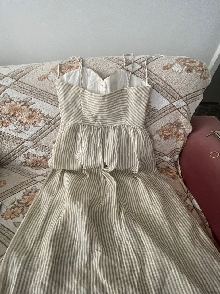 Bej Çizgili Askılı Midi Keten Elbise mango - Görsel 4