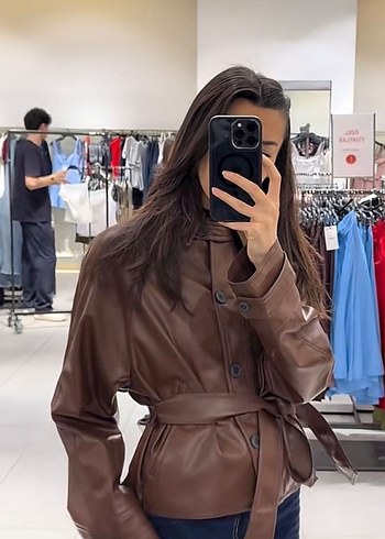 Kahverengi Kemerli Deri Kadın Ceket - Görsel 2