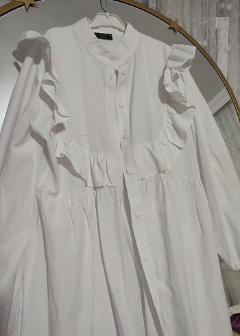 Zara Fırfırlı Beyaz Keten Midi Kadın gömlek tunik