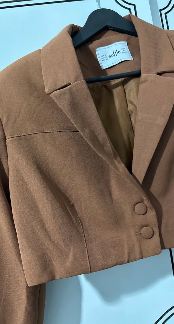 Düğmeli Kısa Kahverengi Kadın Blazer - Görsel 2