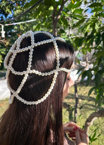 Boncuklu Beyaz Örgü Saç Aksesuarı - Görsel 3