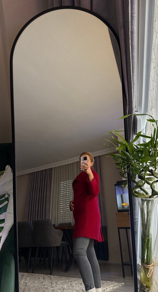 Bordo Triko Kumaşlı Hamile Kabanı - Görsel 2