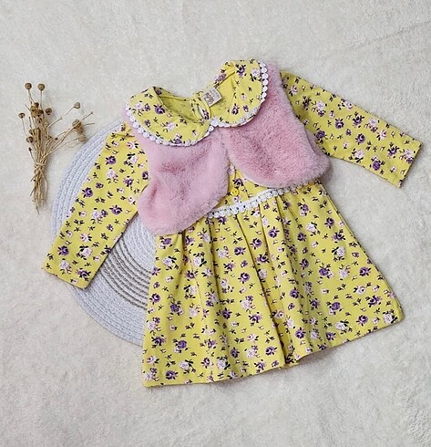 12-18 Ay Beden PELUŞ YELEKLİ ÇITIR ÇİÇEK ELBİSE