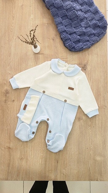 6 Ay Beden mavi Renk PREMİUM BEBE YAKA ŞAPKALI TULUM SET