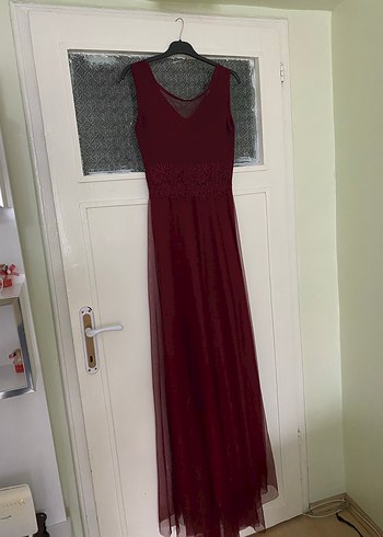 Bordo Dantel Detaylı Uzun Abiye Elbise - Görsel 2