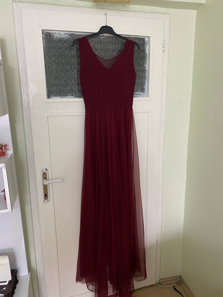 Bordo Dantel Detaylı Uzun Abiye Elbise - Görsel 3