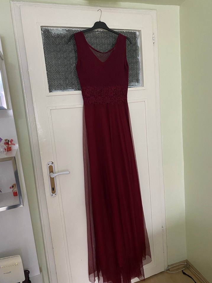 Bordo Dantel Detaylı Uzun Abiye Elbise - Görsel 2