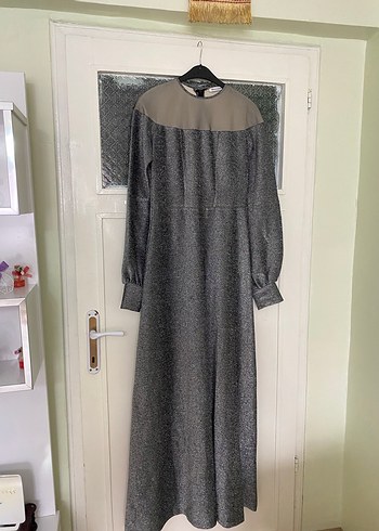 Gri Simli Tesettür Abiye Elbise & Şal - Görsel 2