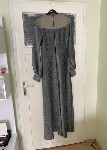 Gri Simli Tesettür Abiye Elbise & Şal - Görsel 3