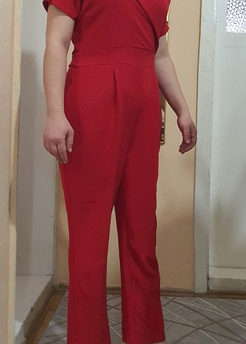 Kırmızı V Yakalı Kadın Midi Tulum - Görsel 2