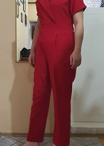 Kırmızı V Yakalı Kadın Midi Tulum - Görsel 3