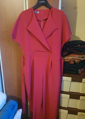 Kırmızı V Yakalı Kadın Midi Tulum - Görsel 5