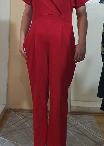 Kırmızı V Yakalı Kadın Midi Tulum - Görsel 4