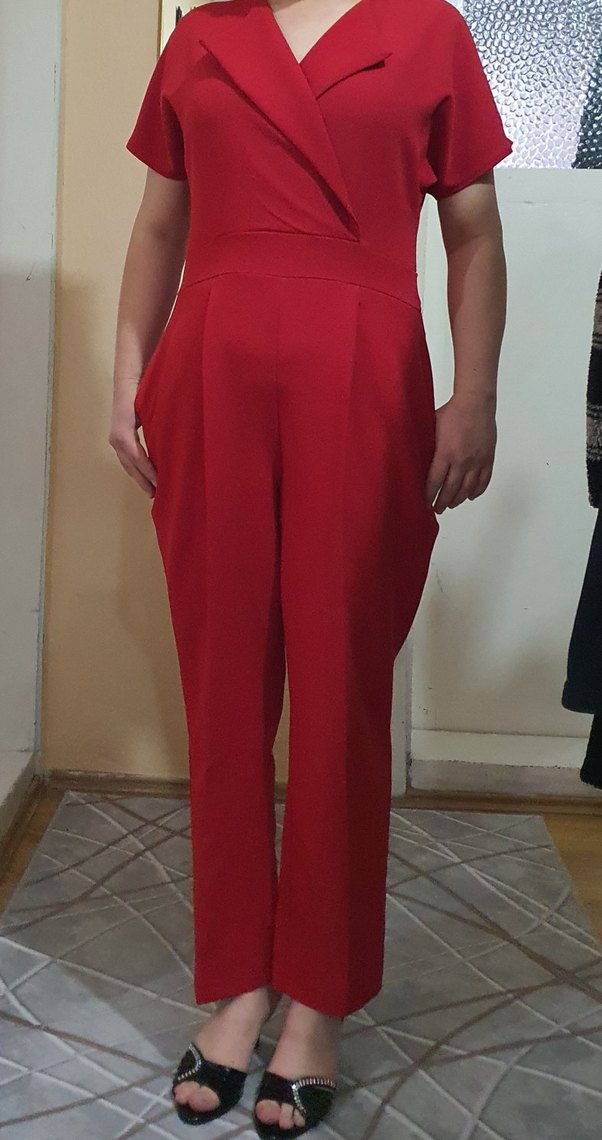 Kırmızı V Yakalı Kadın Midi Tulum - Görsel 4