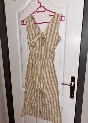 Bej Çizgili Keten Bohem Tulum - Görsel 2