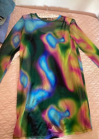 Kadın Çok Renkli Tie-Dye Midi Transparan Elbise