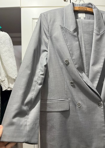 Gri Kadın Klasik Kesim Düğmeli Blazer Ceket Takım - Görsel 3