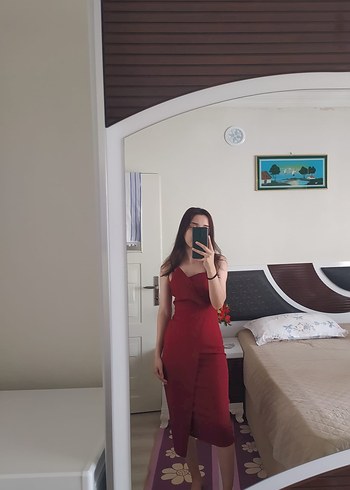 Kırmızı Midi Askılı Elbise - Görsel 2