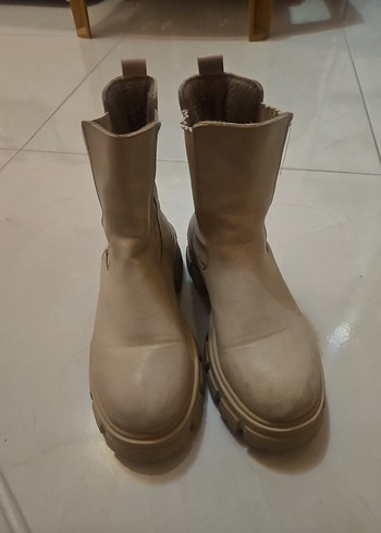 Deri Bej Kadın Platform Topuklu Bot