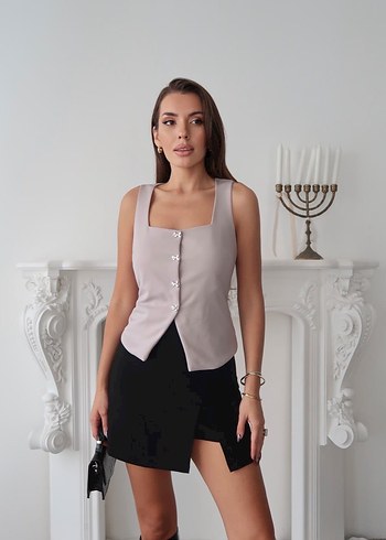 Bej Düğmeli Kısa Kadın Yelek - Görsel 6