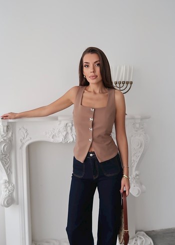 Bej Düğmeli Kısa Kadın Yelek - Görsel 8