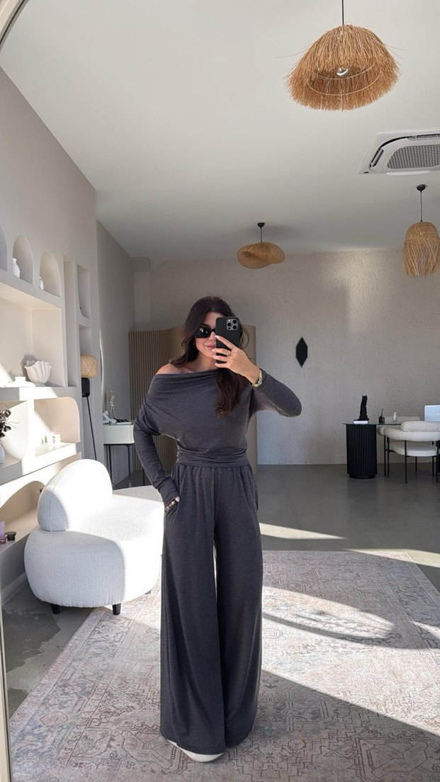 Ayık Yaka Yarasa Kol Cepli Palazzo Takım - Görsel 2