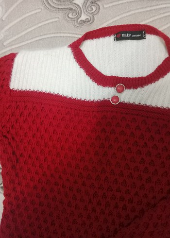 Kırmızı Beyaz Kadın Bisiklet Yaka Triko Kazak - Görsel 3