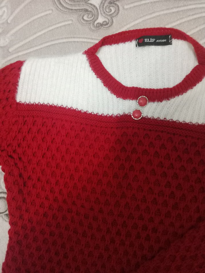 Kırmızı Beyaz Kadın Bisiklet Yaka Triko Kazak - Görsel 3