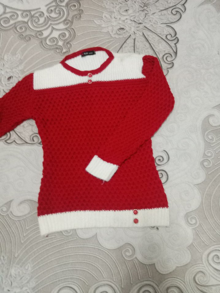 Kırmızı Beyaz Kadın Bisiklet Yaka Triko Kazak - Görsel 5