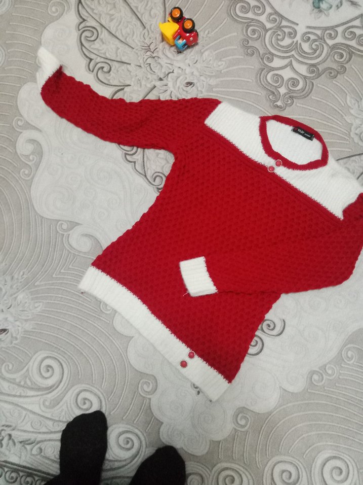 Kırmızı Beyaz Kadın Bisiklet Yaka Triko Kazak - Görsel 2