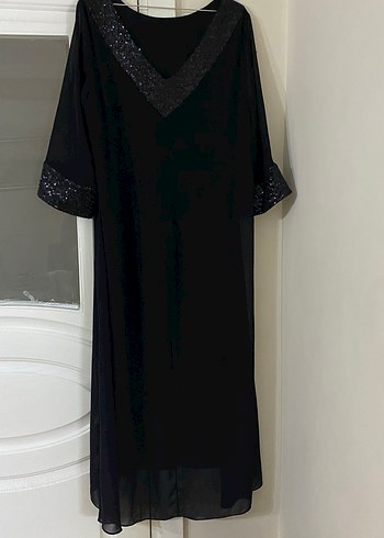 Siyah Payetli V Yaka Uzun Kadın Elbise - Görsel 4